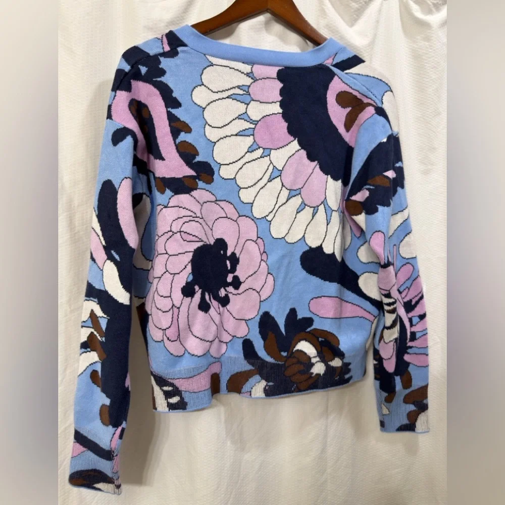 Kate Spade New York‎ $358 Autumn Blue Floral  Paisley V-Neck Knit Cardigan Sz L